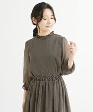 F1BIS05130 MK MICHEL KLEIN(小さいサイズ)(メゾン ドゥ サンク) 【小さいサイズ】シャーリングデザイン幾何柄プリントブラウス/洗える ブラック