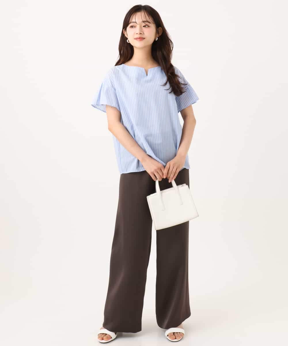 F1BJD77150 MK MICHEL KLEIN(小さいサイズ)(メゾン ドゥ サンク) 【小さいサイズ】[接触冷感/通気性/透湿性/洗える]ストライプ柄フレアースリーブブラウス ライトブルー