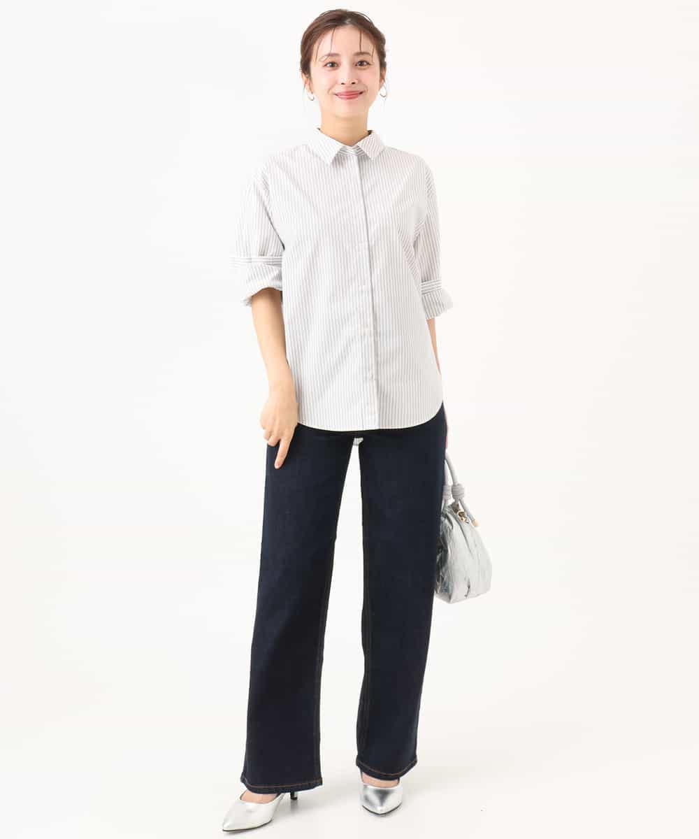 F1BJE27140 MK MICHEL KLEIN(小さいサイズ)(メゾン ドゥ サンク) 【小さいサイズ】[防シワ/洗える]コットン混ベーシックシャツ（ストライプ） ライトグレー