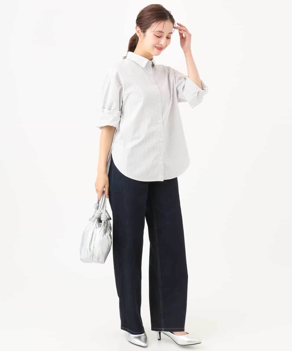 F1BJE27140 MK MICHEL KLEIN(小さいサイズ)(メゾン ドゥ サンク) 【小さいサイズ】[防シワ/洗える]コットン混ベーシックシャツ（ストライプ） ライトグレー
