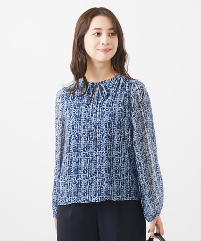 F1BJV04140  【小さいサイズ】ツイード調プリントシフォンブラウス/洗える