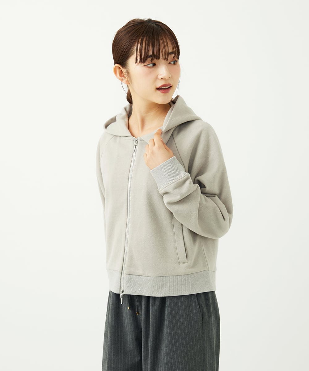 F1CAD32140 MK MICHEL KLEIN(小さいサイズ)(メゾン ドゥ サンク) 【小さいサイズ】ラメ裏毛スウェットダブルジップパーカー/洗濯機で洗える ベージュ
