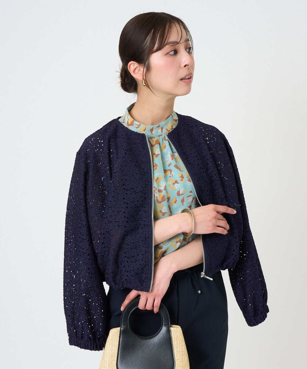 F1CGD40180 MK MICHEL KLEIN(小さいサイズ)(メゾン ドゥ サンク) 【小さいサイズ】花柄ラッセルレースジップアップブルゾン/洗える ネイビー