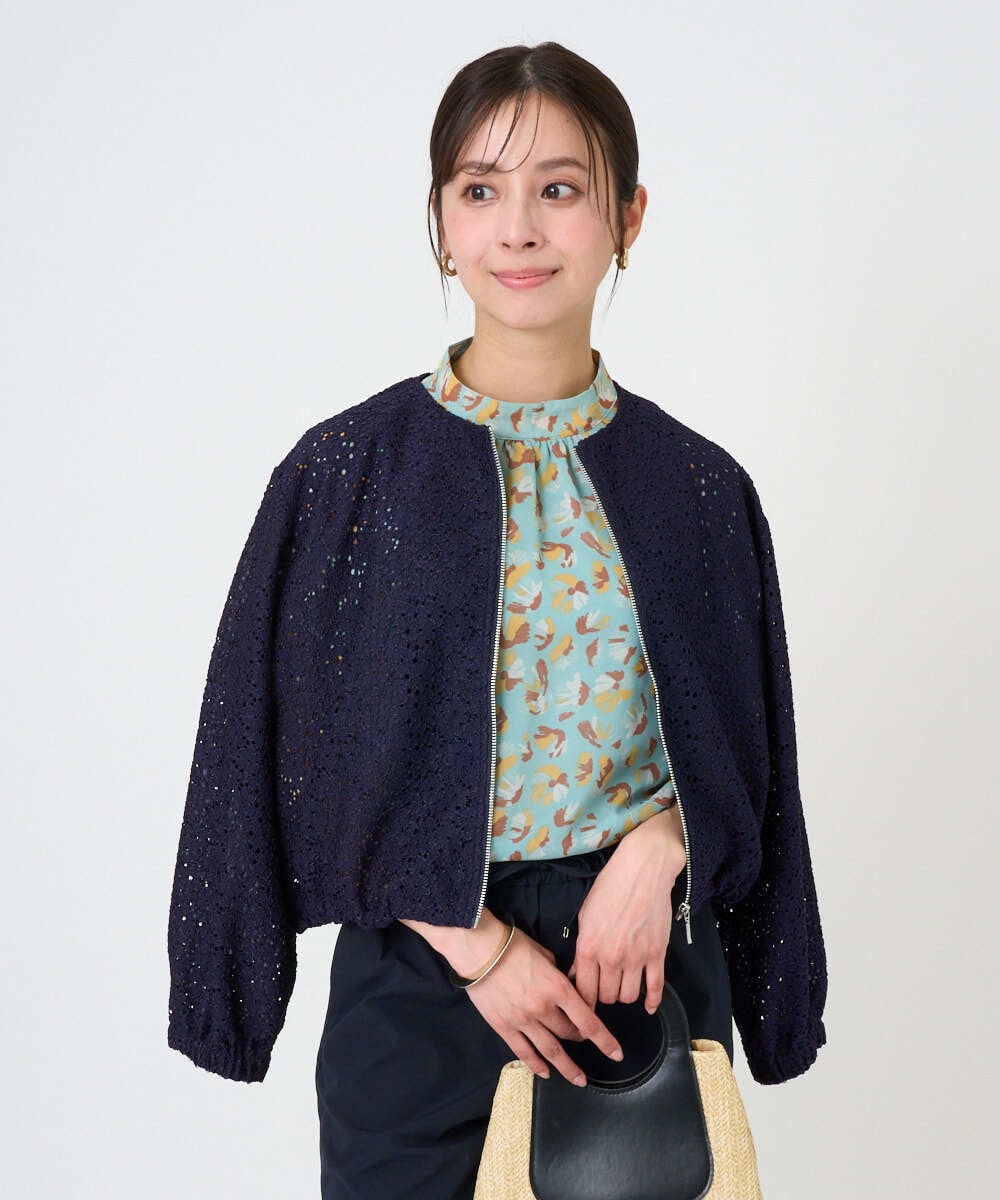 F1CGD40180 MK MICHEL KLEIN(小さいサイズ)(メゾン ドゥ サンク) 【小さいサイズ】花柄ラッセルレースジップアップブルゾン/洗える ネイビー