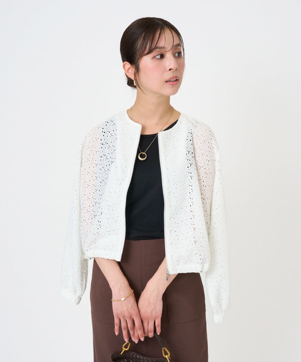 F1CGD40180 MK MICHEL KLEIN(小さいサイズ)(メゾン ドゥ サンク) 【小さいサイズ】花柄ラッセルレースジップアップブルゾン/洗える ネイビー