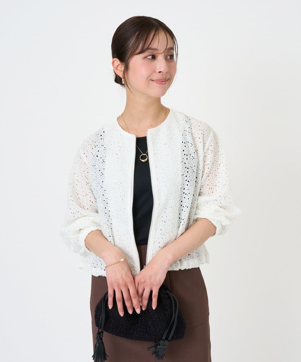F1CGD40180 MK MICHEL KLEIN(小さいサイズ)(メゾン ドゥ サンク) 【小さいサイズ】花柄ラッセルレースジップアップブルゾン/洗える ネイビー