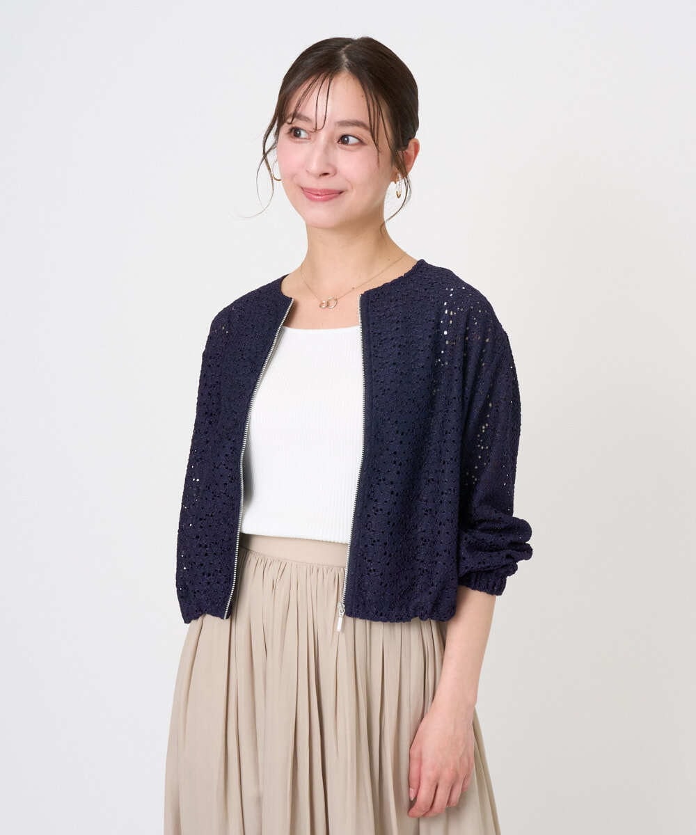 F1CGD40180 MK MICHEL KLEIN(小さいサイズ)(メゾン ドゥ サンク) 【小さいサイズ】花柄ラッセルレースジップアップブルゾン/洗える ネイビー
