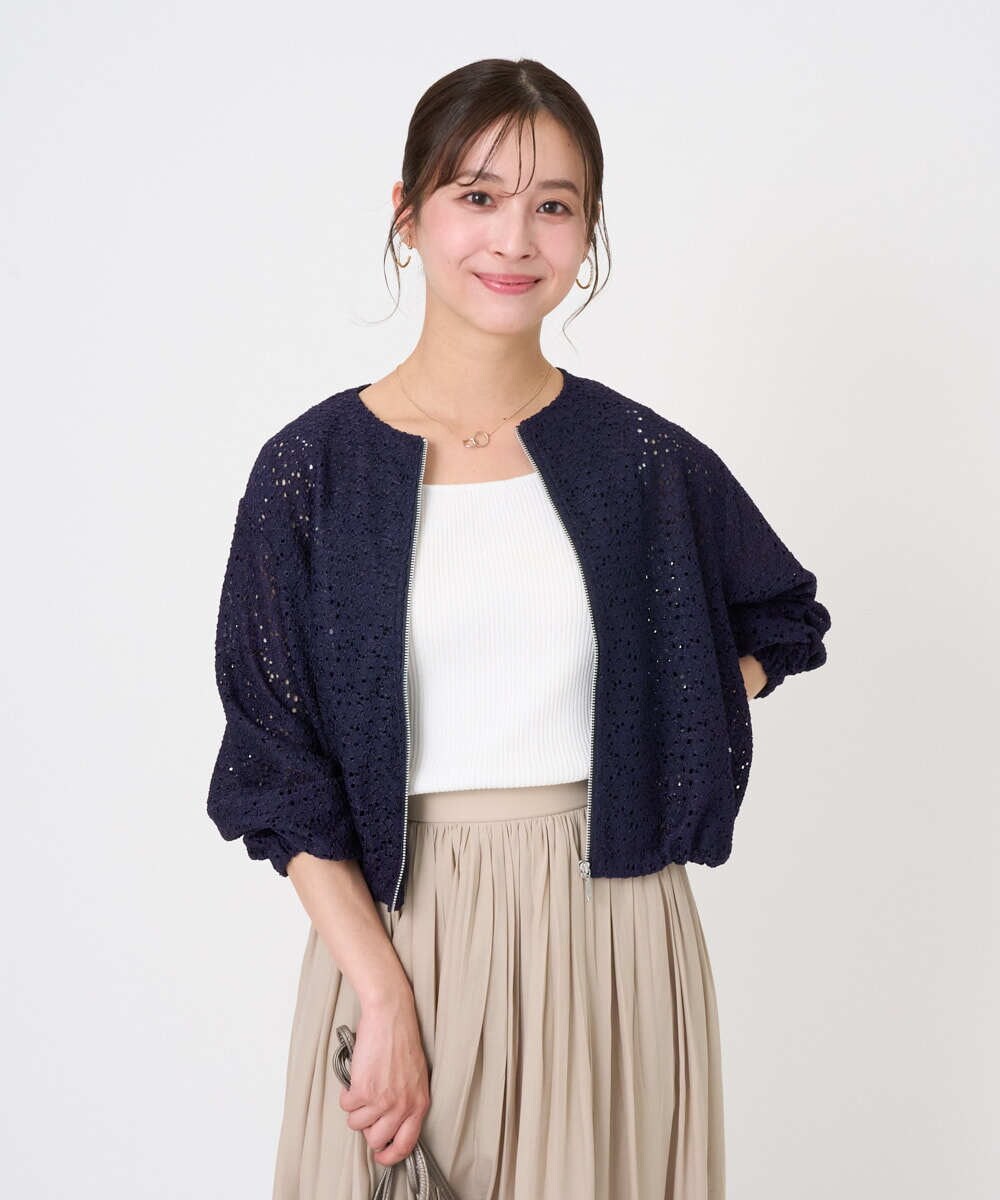 F1CGD40180 MK MICHEL KLEIN(小さいサイズ)(メゾン ドゥ サンク) 【小さいサイズ】花柄ラッセルレースジップアップブルゾン/洗える ネイビー