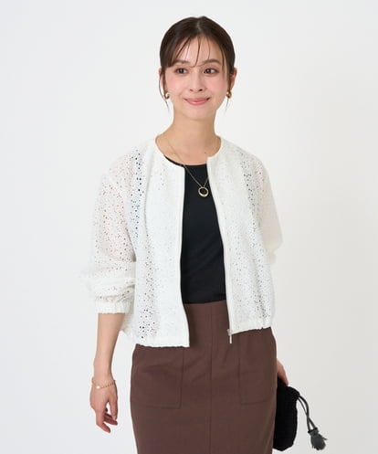 F1CGD40180 MK MICHEL KLEIN(小さいサイズ) 【小さいサイズ】花柄ラッセルレースジップアップブルゾン/洗える