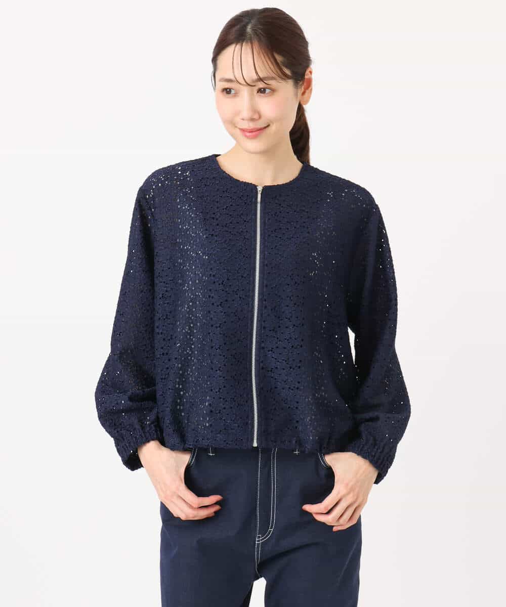 F1CGD40180 MK MICHEL KLEIN(小さいサイズ)(メゾン ドゥ サンク) 【小さいサイズ】花柄ラッセルレースジップアップブルゾン/洗える ネイビー