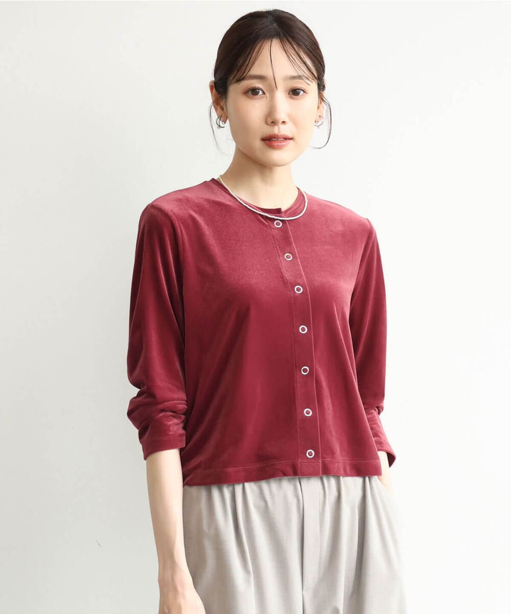 F1CJD24140 MK MICHEL KLEIN(小さいサイズ)(メゾン ドゥ サンク) 【小さいサイズ】[洗える]シアーベロア カーディガン モカベージュ