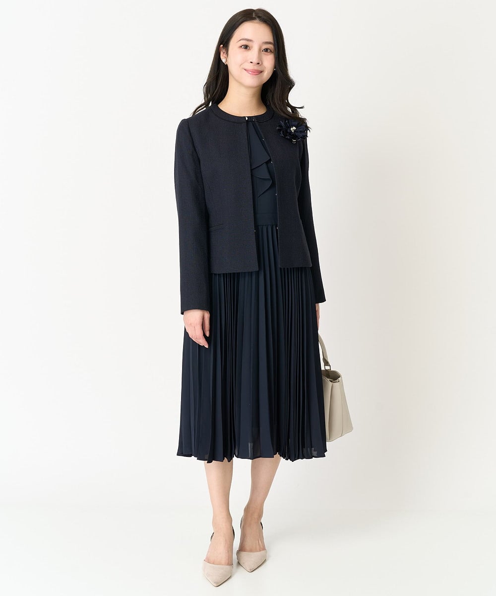 F1DDV91230 MK MICHEL KLEIN(小さいサイズ)(メゾン ドゥ サンク) 【小さいサイズ】ノーカラーラメツイードジャケット/洗える ネイビー