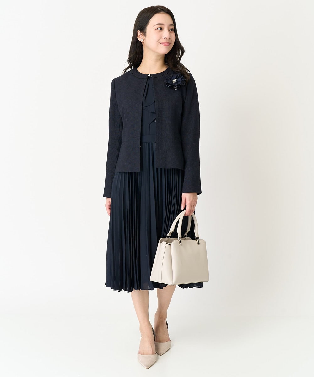 F1DDV91230 MK MICHEL KLEIN(小さいサイズ)(メゾン ドゥ サンク) 【小さいサイズ】ノーカラーラメツイードジャケット/洗える ネイビー