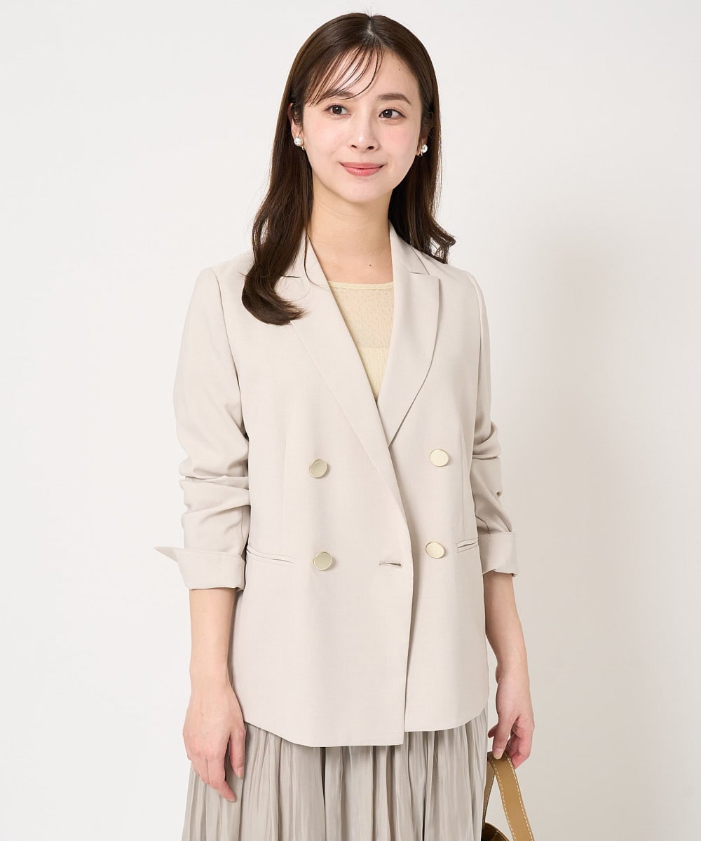 F1DFA30230 MK MICHEL KLEIN(小さいサイズ)(メゾン ドゥ サンク) 【小さいサイズ】リネンライク ダブルブレストジャケット/洗える グレージュ