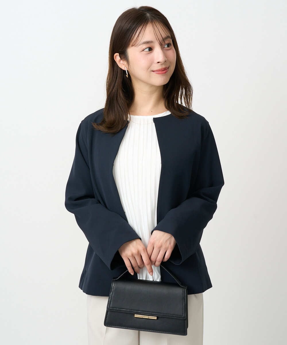 F1DFD11230 MK MICHEL KLEIN(小さいサイズ)(メゾン ドゥ サンク) 【小さいサイズ】ダブルクロス テントラインノーカラージャケット/セットアップ対応/防シワ/ストレッチ/洗える ネイビー