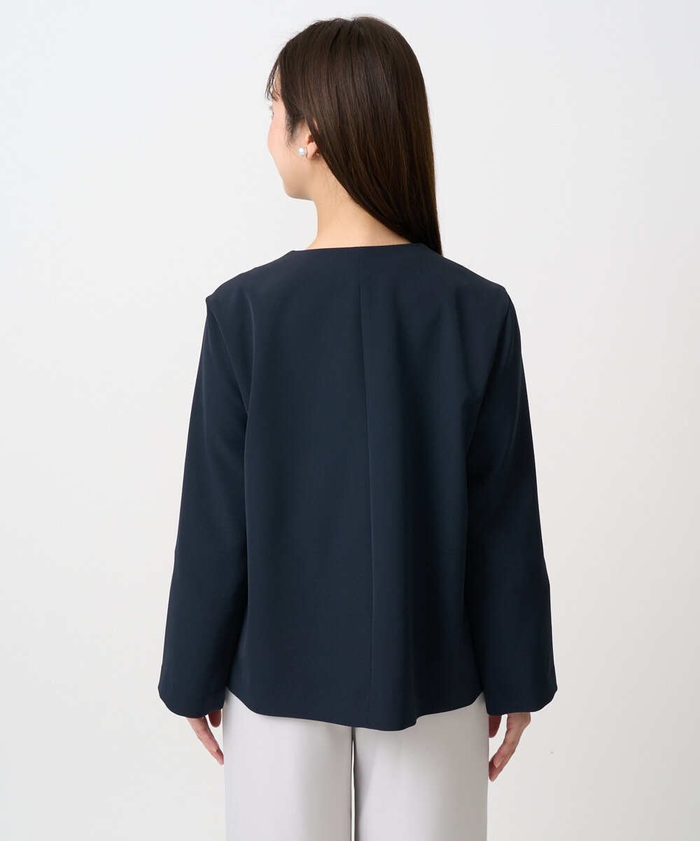 F1DFD11230 MK MICHEL KLEIN(小さいサイズ)(メゾン ドゥ サンク) 【小さいサイズ】ダブルクロス テントラインノーカラージャケット/セットアップ対応/防シワ/ストレッチ/洗える ネイビー