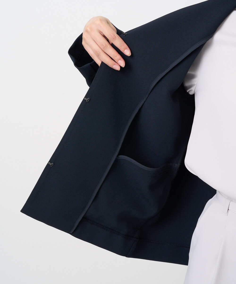 F1DFD11230 MK MICHEL KLEIN(小さいサイズ)(メゾン ドゥ サンク) 【小さいサイズ】ダブルクロス テントラインノーカラージャケット/セットアップ対応/防シワ/ストレッチ/洗える ネイビー