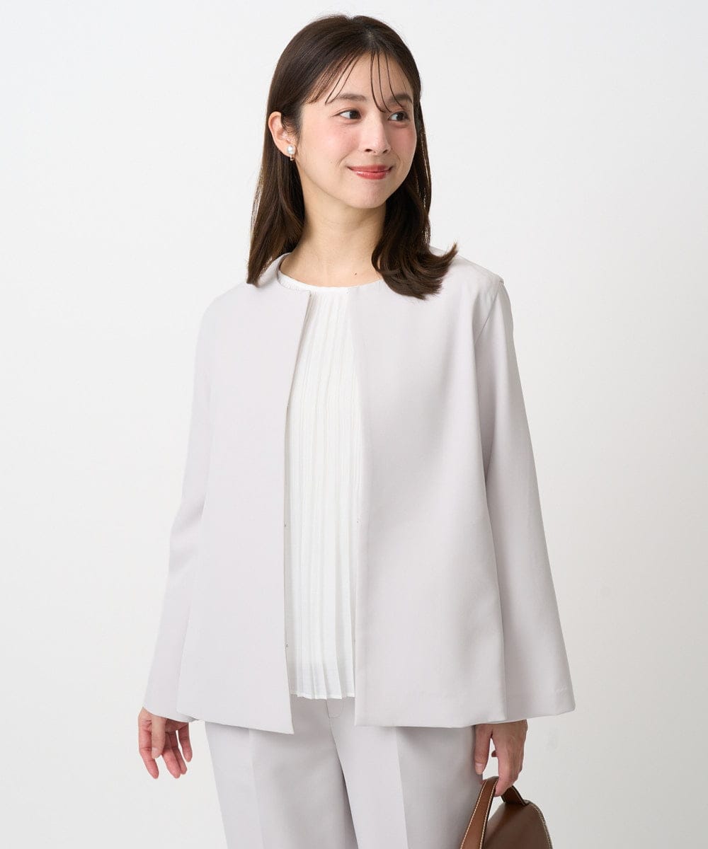 F1DFD11230 MK MICHEL KLEIN(小さいサイズ)(メゾン ドゥ サンク) 【小さいサイズ】ダブルクロス テントラインノーカラージャケット/セットアップ対応/防シワ/ストレッチ/洗える ネイビー