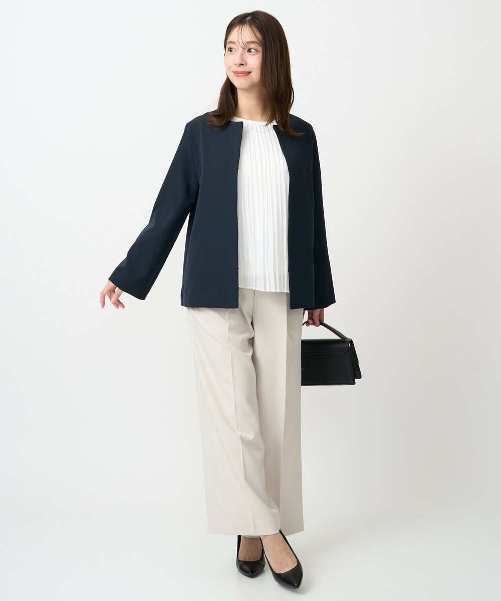 F1DFD11230 MK MICHEL KLEIN(小さいサイズ)(メゾン ドゥ サンク) 【小さいサイズ】ダブルクロス テントラインノーカラージャケット/セットアップ対応/防シワ/ストレッチ/洗える ネイビー