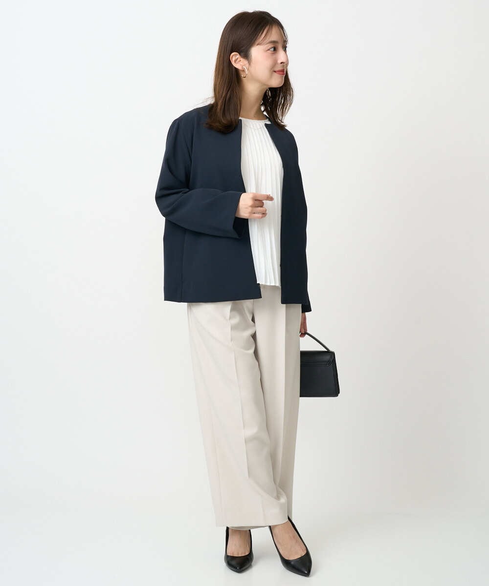 F1DFD11230 MK MICHEL KLEIN(小さいサイズ)(メゾン ドゥ サンク) 【小さいサイズ】ダブルクロス テントラインノーカラージャケット/セットアップ対応/防シワ/ストレッチ/洗える ネイビー