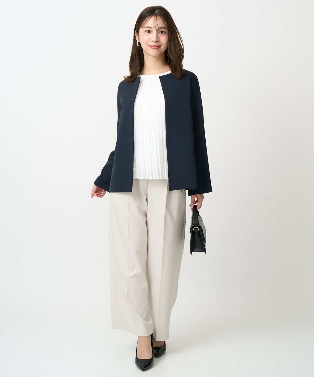 F1DFD11230 MK MICHEL KLEIN(小さいサイズ)(メゾン ドゥ サンク) 【小さいサイズ】ダブルクロス テントラインノーカラージャケット/セットアップ対応/防シワ/ストレッチ/洗える ネイビー