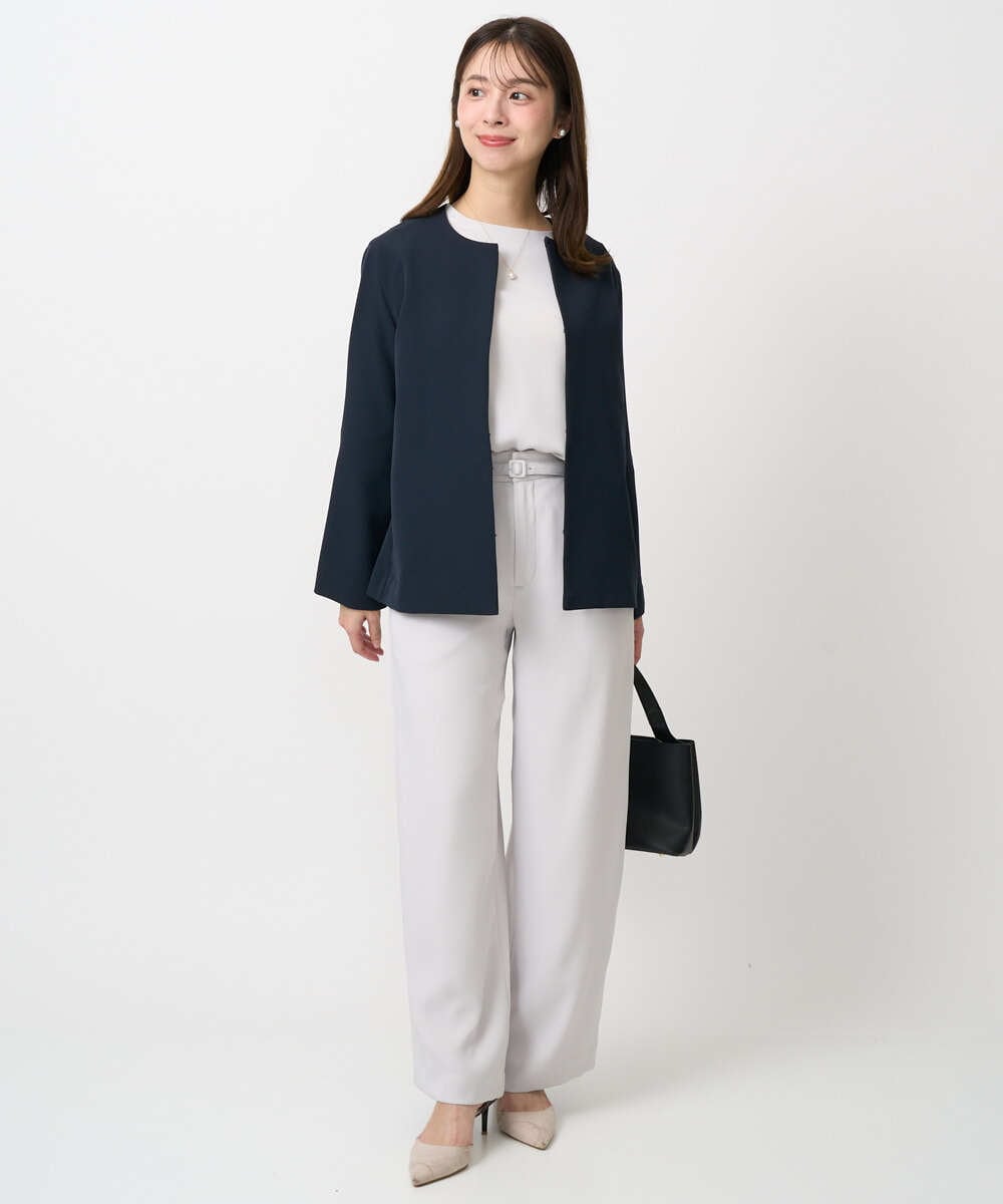 F1DFD11230 MK MICHEL KLEIN(小さいサイズ)(メゾン ドゥ サンク) 【小さいサイズ】ダブルクロス テントラインノーカラージャケット/セットアップ対応/防シワ/ストレッチ/洗える ネイビー