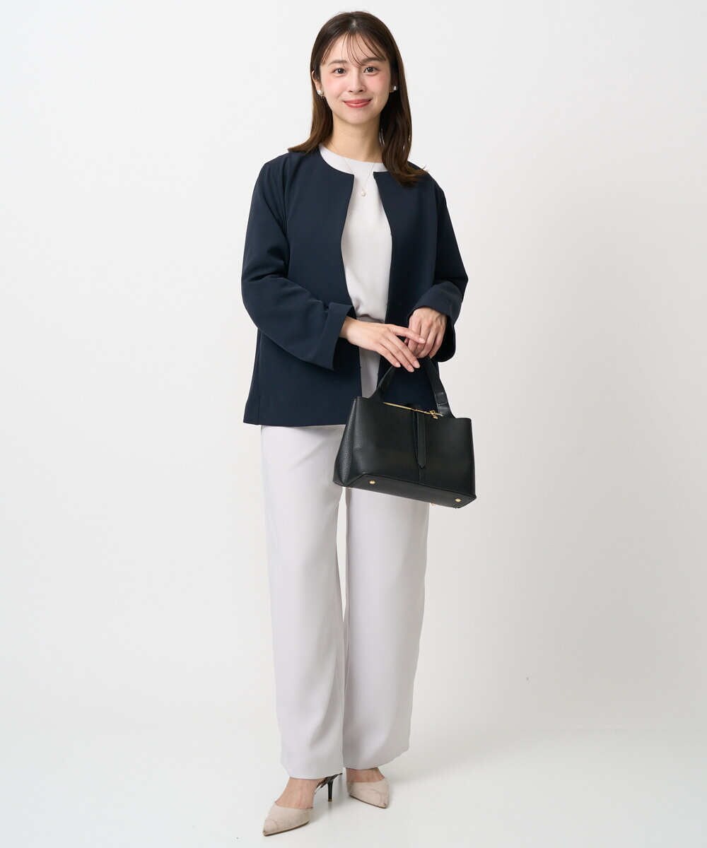 F1DFD11230 MK MICHEL KLEIN(小さいサイズ)(メゾン ドゥ サンク) 【小さいサイズ】ダブルクロス テントラインノーカラージャケット/セットアップ対応/防シワ/ストレッチ/洗える ネイビー