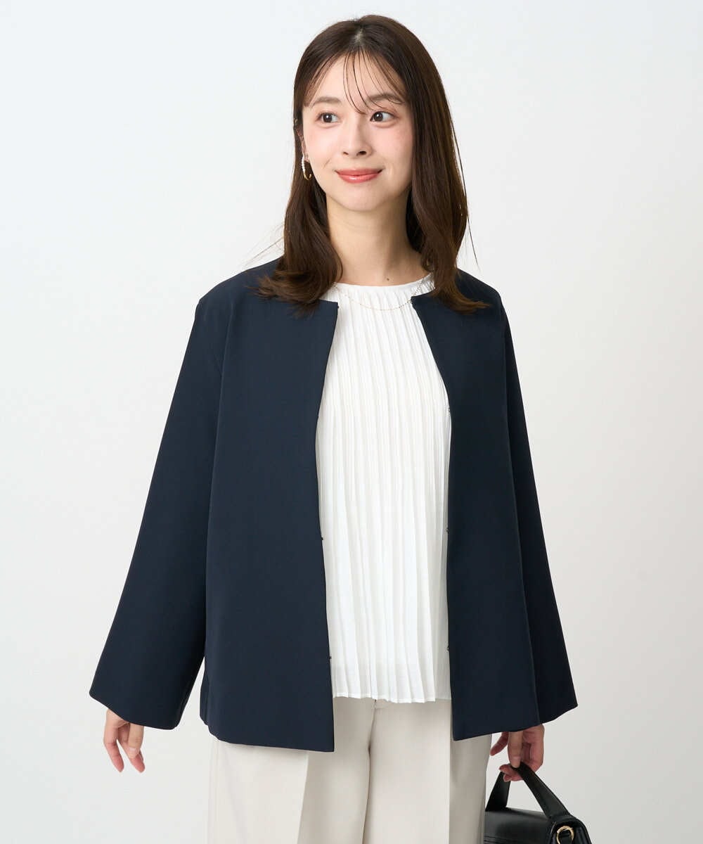 F1DFD11230 MK MICHEL KLEIN(小さいサイズ)(メゾン ドゥ サンク) 【小さいサイズ】ダブルクロス テントラインノーカラージャケット/セットアップ対応/防シワ/ストレッチ/洗える ネイビー