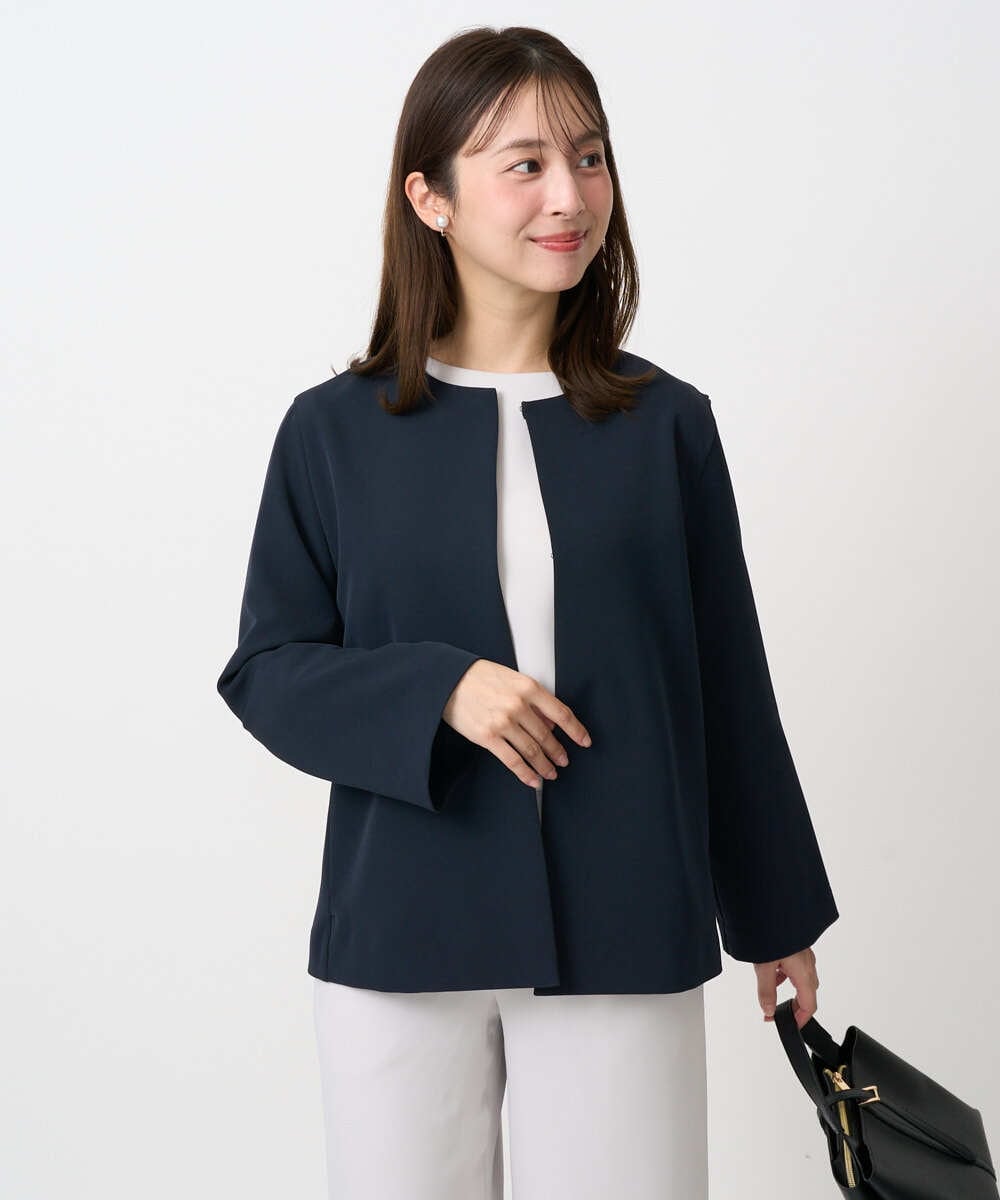 F1DFD11230 MK MICHEL KLEIN(小さいサイズ)(メゾン ドゥ サンク) 【小さいサイズ】ダブルクロス テントラインノーカラージャケット/セットアップ対応/防シワ/ストレッチ/洗える ネイビー