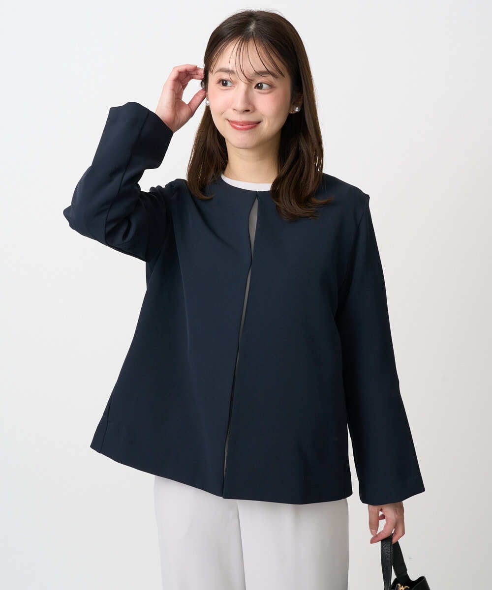 F1DFD11230 MK MICHEL KLEIN(小さいサイズ)(メゾン ドゥ サンク) 【小さいサイズ】ダブルクロス テントラインノーカラージャケット/セットアップ対応/防シワ/ストレッチ/洗える ネイビー