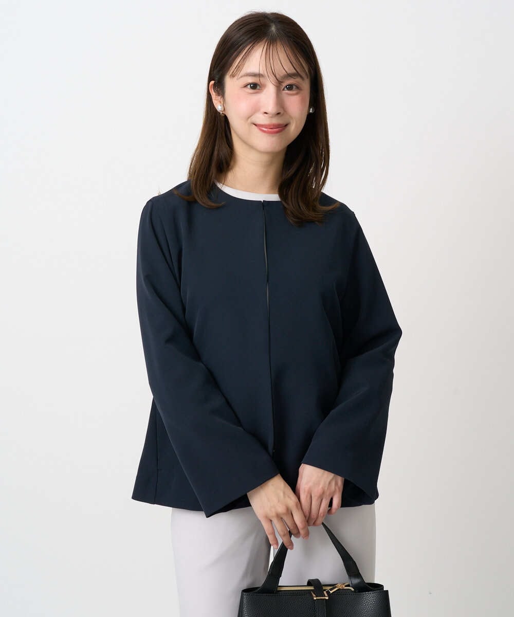 F1DFD11230 MK MICHEL KLEIN(小さいサイズ)(メゾン ドゥ サンク) 【小さいサイズ】ダブルクロス テントラインノーカラージャケット/セットアップ対応/防シワ/ストレッチ/洗える ネイビー