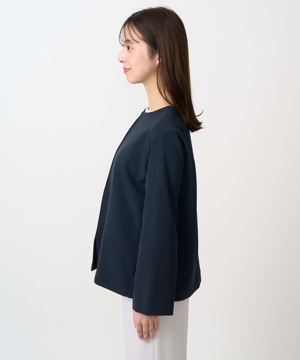 F1DFD11230 MK MICHEL KLEIN(小さいサイズ)(メゾン ドゥ サンク) 【小さいサイズ】ダブルクロス テントラインノーカラージャケット/セットアップ対応/防シワ/ストレッチ/洗える ネイビー