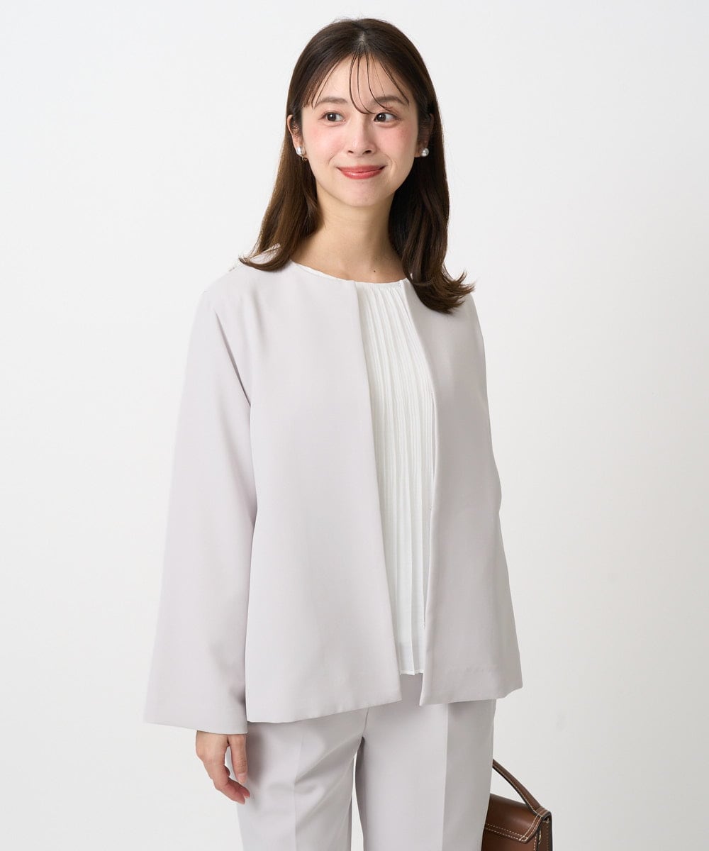 F1DFD11230 MK MICHEL KLEIN(小さいサイズ)(メゾン ドゥ サンク) 【小さいサイズ】ダブルクロス テントラインノーカラージャケット/セットアップ対応/防シワ/ストレッチ/洗える グレージュ