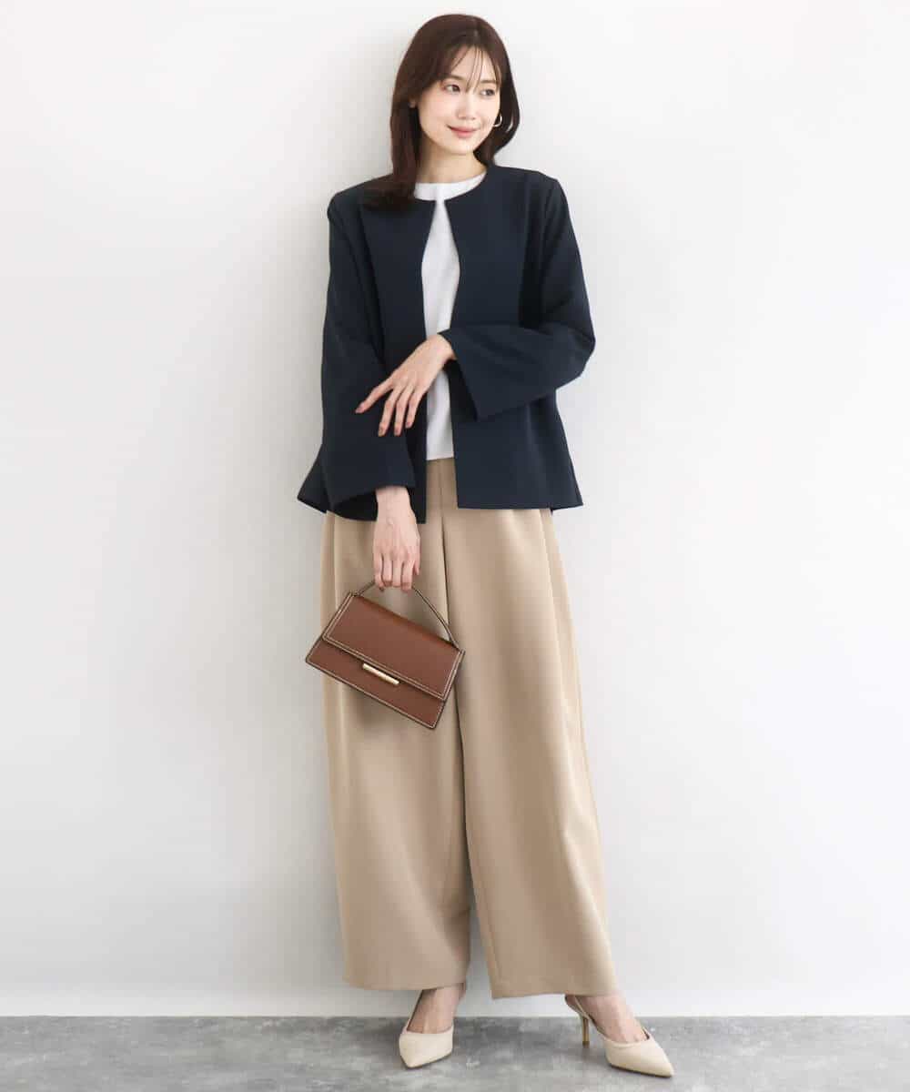 F1DFD11230 MK MICHEL KLEIN(小さいサイズ)(メゾン ドゥ サンク) 【小さいサイズ】ダブルクロス テントラインノーカラージャケット/セットアップ対応/防シワ/ストレッチ/洗える グレージュ