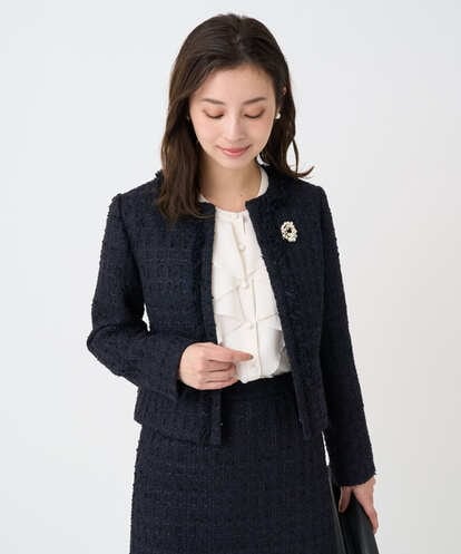 F1DFD65330 MK MICHEL KLEIN(小さいサイズ) 【小さいサイズ】ノーカラーファンシーツイードジャケット/セットアップ対応/洗える