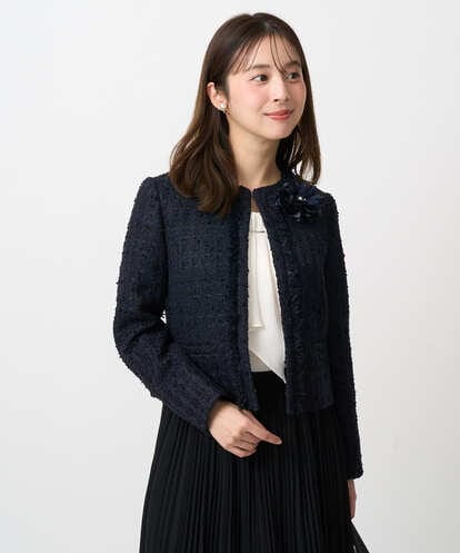 F1DFD65330 MK MICHEL KLEIN(小さいサイズ) 【小さいサイズ】ノーカラーファンシーツイードジャケット/セットアップ対応/洗える