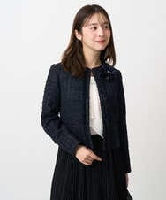 F1DFD65330 MK MICHEL KLEIN(小さいサイズ)(メゾン ドゥ サンク) 【小さいサイズ】ノーカラーファンシーツイードジャケット/セットアップ対応/洗える ネイビー