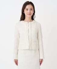 F1DFD65330 MK MICHEL KLEIN(小さいサイズ)(メゾン ドゥ サンク) 【小さいサイズ】ノーカラーファンシーツイードジャケット/セットアップ対応/洗える アイボリー