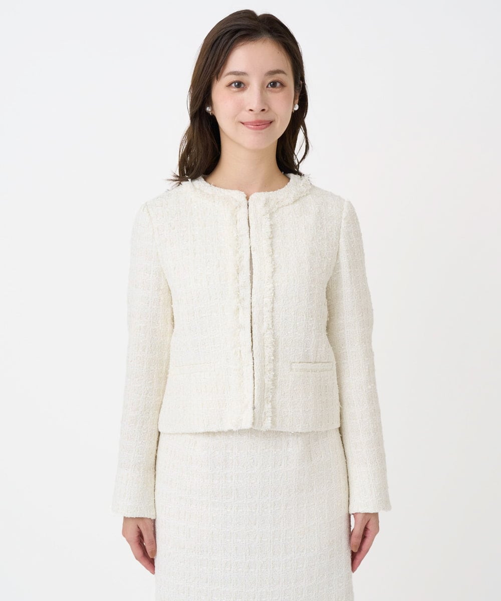 F1DFD65330 MK MICHEL KLEIN(小さいサイズ)(メゾン ドゥ サンク) 【小さいサイズ】ノーカラーファンシーツイードジャケット/セットアップ対応/洗える アイボリー