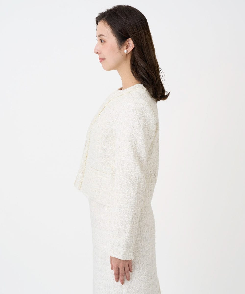 F1DFD65330 MK MICHEL KLEIN(小さいサイズ)(メゾン ドゥ サンク) 【小さいサイズ】ノーカラーファンシーツイードジャケット/セットアップ対応/洗える アイボリー