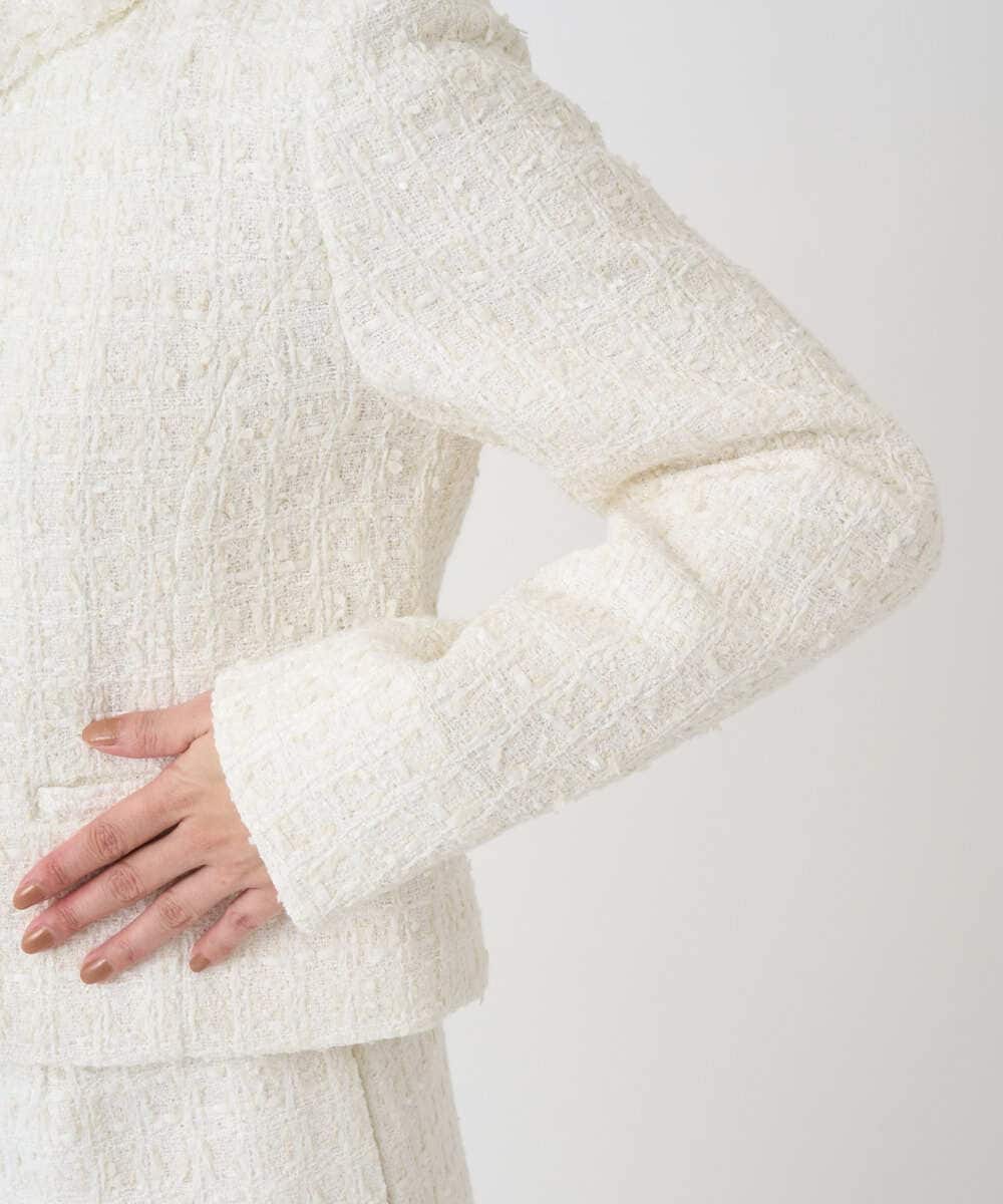 F1DFD65330 MK MICHEL KLEIN(小さいサイズ)(メゾン ドゥ サンク) 【小さいサイズ】ノーカラーファンシーツイードジャケット/セットアップ対応/洗える アイボリー