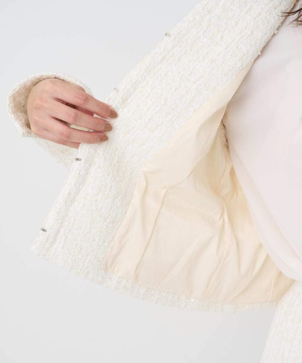 F1DFD65330 MK MICHEL KLEIN(小さいサイズ)(メゾン ドゥ サンク) 【小さいサイズ】ノーカラーファンシーツイードジャケット/セットアップ対応/洗える アイボリー