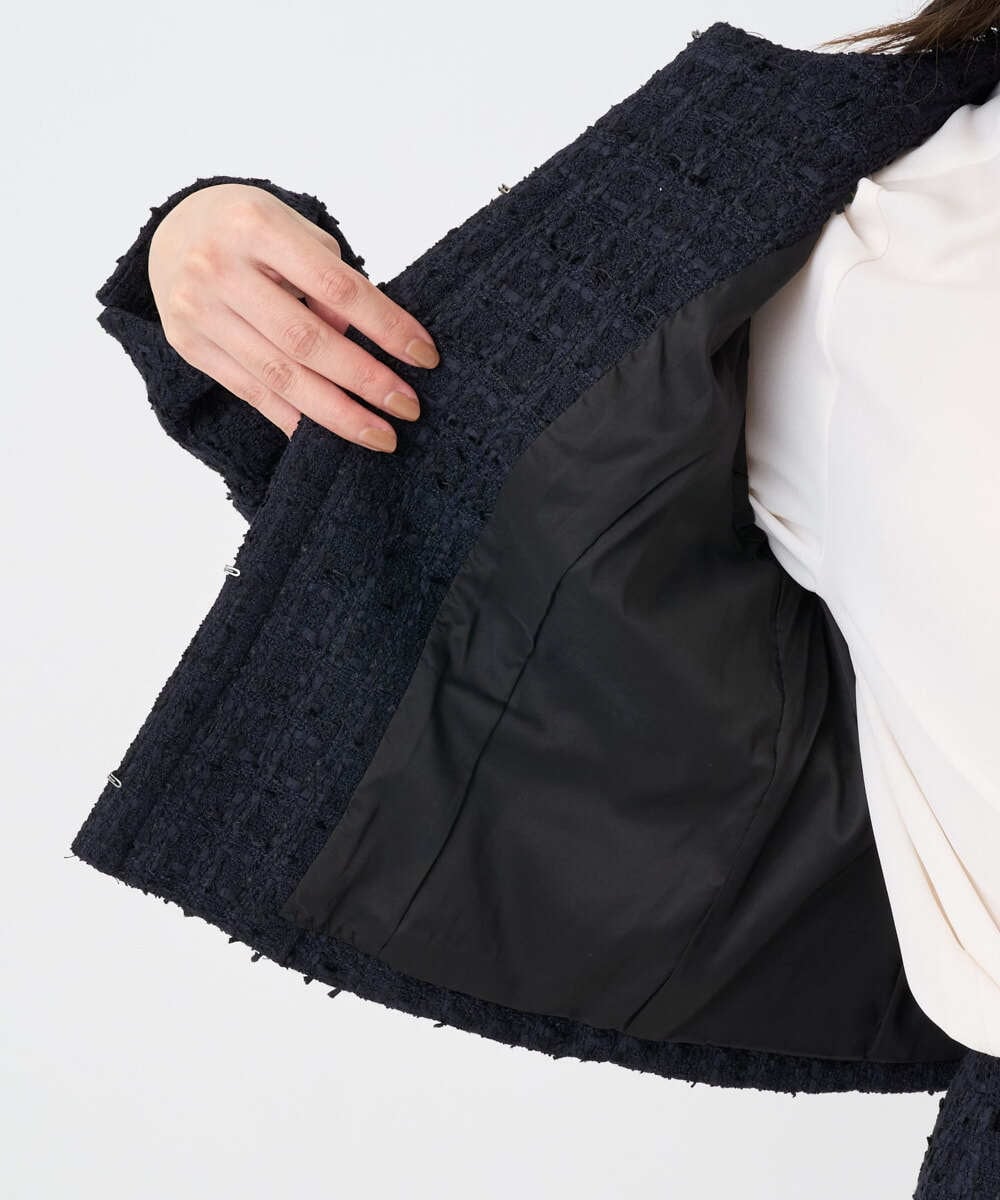 F1DFD65330 MK MICHEL KLEIN(小さいサイズ)(メゾン ドゥ サンク) 【小さいサイズ】ノーカラーファンシーツイードジャケット/セットアップ対応/洗える アイボリー