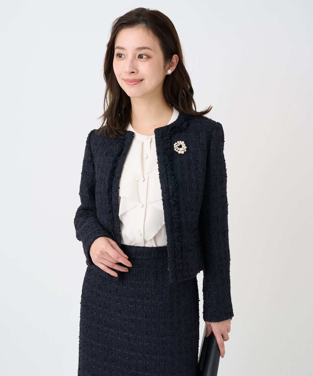 F1DFD65330 MK MICHEL KLEIN(小さいサイズ)(メゾン ドゥ サンク) 【小さいサイズ】ノーカラーファンシーツイードジャケット/セットアップ対応/洗える アイボリー