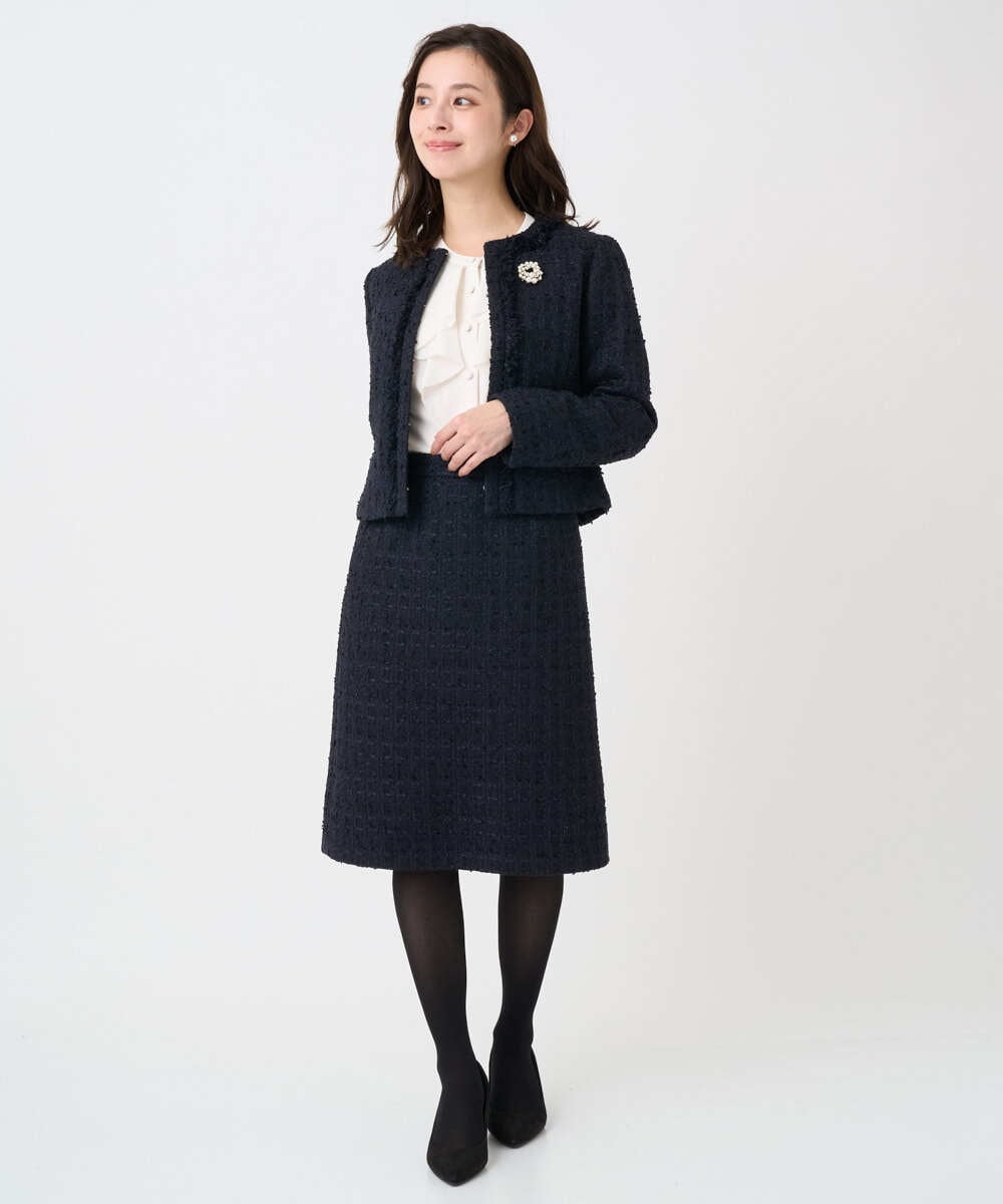 F1DFD65330 MK MICHEL KLEIN(小さいサイズ)(メゾン ドゥ サンク) 【小さいサイズ】ノーカラーファンシーツイードジャケット/セットアップ対応/洗える アイボリー