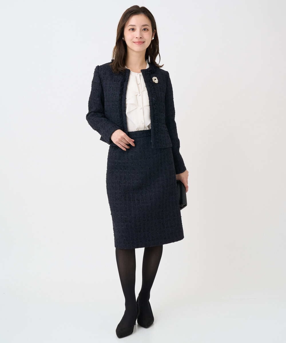 F1DFD65330 MK MICHEL KLEIN(小さいサイズ)(メゾン ドゥ サンク) 【小さいサイズ】ノーカラーファンシーツイードジャケット/セットアップ対応/洗える アイボリー