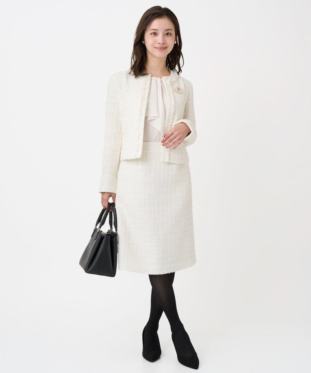 F1DFD65330 MK MICHEL KLEIN(小さいサイズ)(メゾン ドゥ サンク) 【小さいサイズ】ノーカラーファンシーツイードジャケット/セットアップ対応/洗える アイボリー