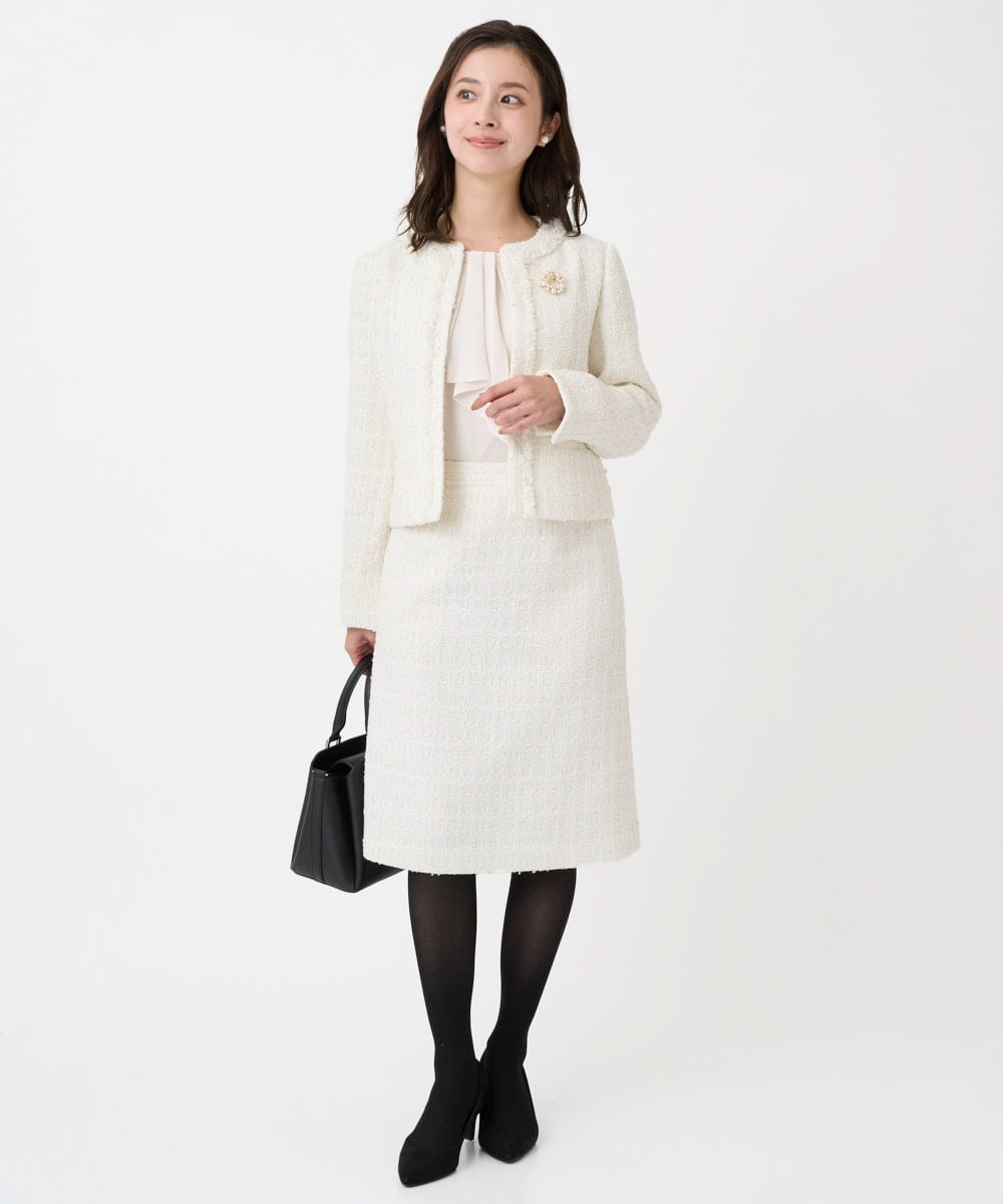 F1DFD65330 MK MICHEL KLEIN(小さいサイズ)(メゾン ドゥ サンク) 【小さいサイズ】ノーカラーファンシーツイードジャケット/セットアップ対応/洗える アイボリー