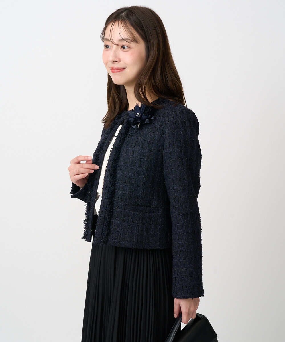 F1DFD65330 MK MICHEL KLEIN(小さいサイズ)(メゾン ドゥ サンク) 【小さいサイズ】ノーカラーファンシーツイードジャケット/セットアップ対応/洗える アイボリー