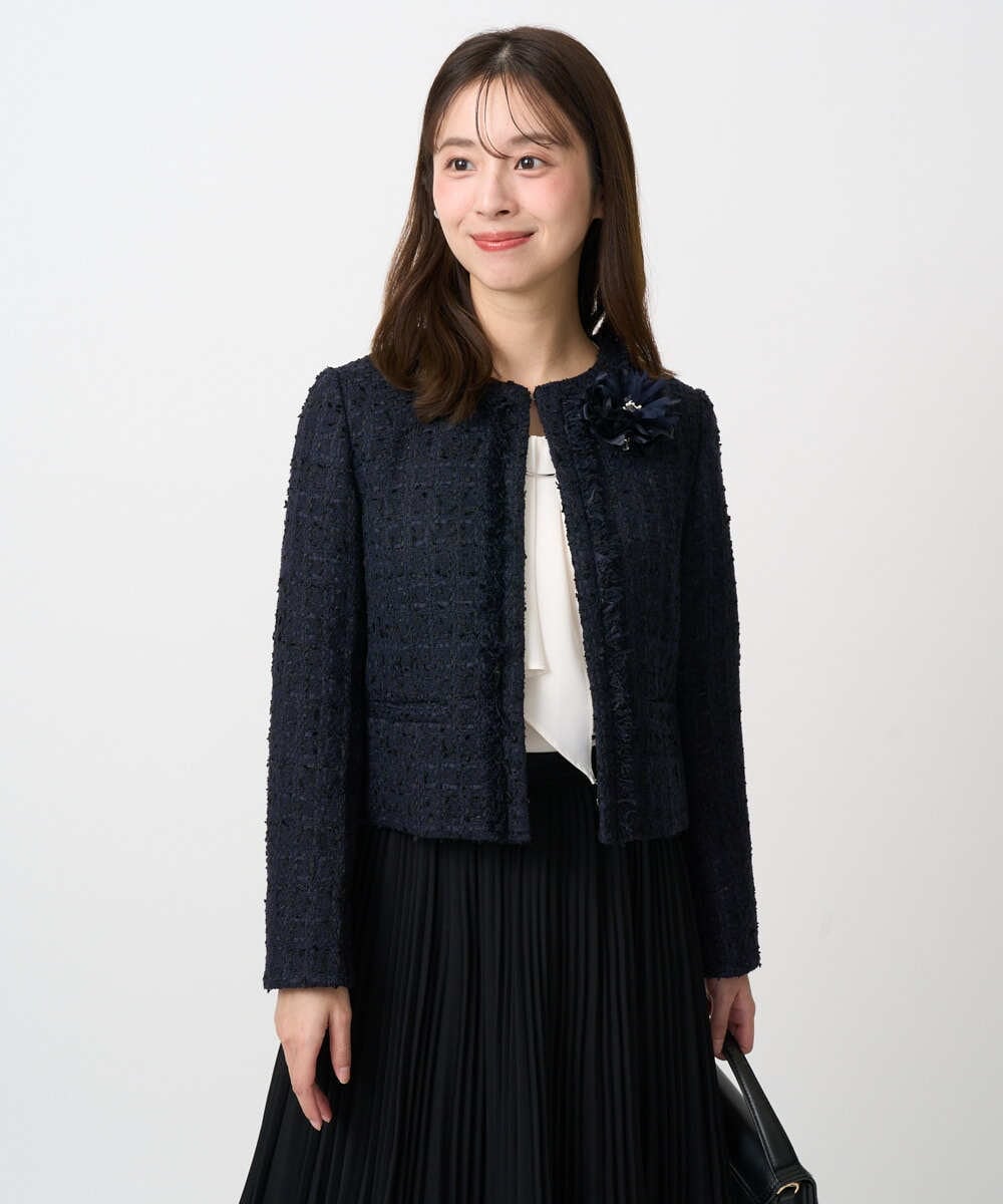 F1DFD65330 MK MICHEL KLEIN(小さいサイズ)(メゾン ドゥ サンク) 【小さいサイズ】ノーカラーファンシーツイードジャケット/セットアップ対応/洗える アイボリー